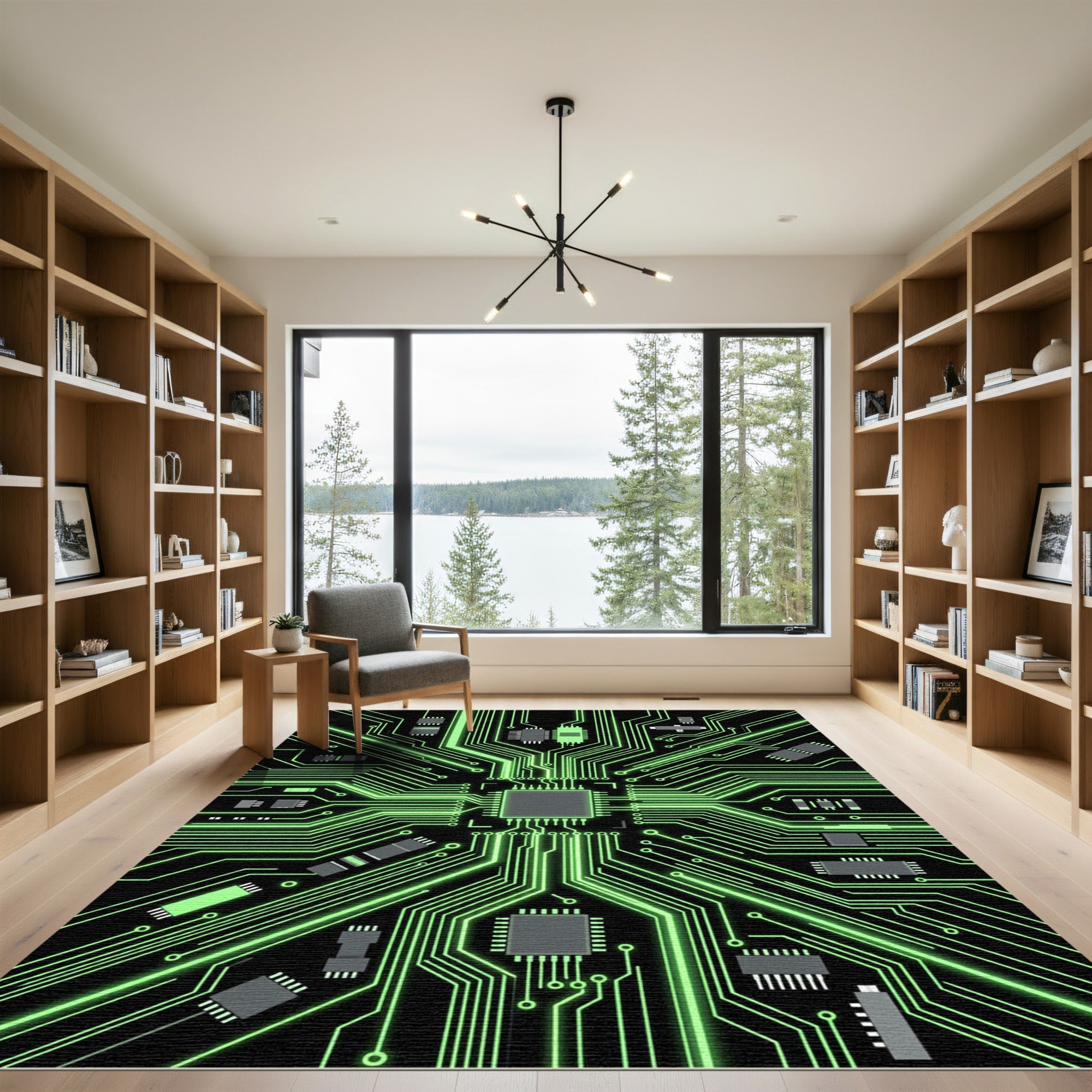 Luminous Neon Cyber Circuit Grid Rug