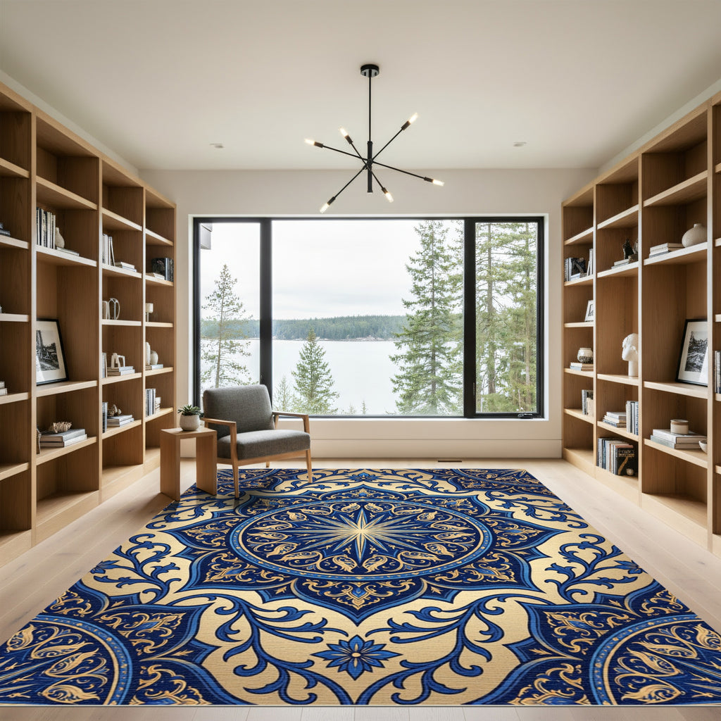 Ornate Gold and Navy Star Medallion Rug