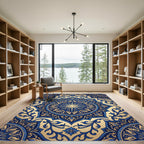 Ornate Gold and Navy Star Medallion Rug