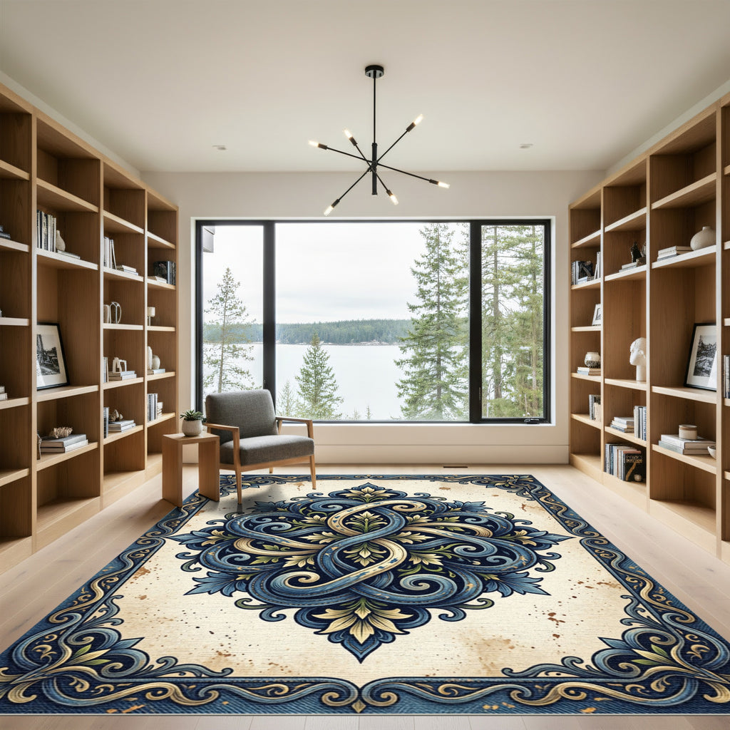 Vintage Blue Ornate Filigree Medallion Rug