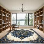 Vintage Blue Ornate Filigree Medallion Rug