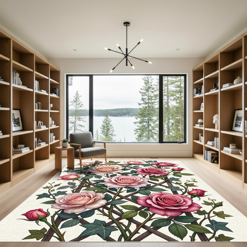 Romantic Pink Rose Floral Trellis Rug