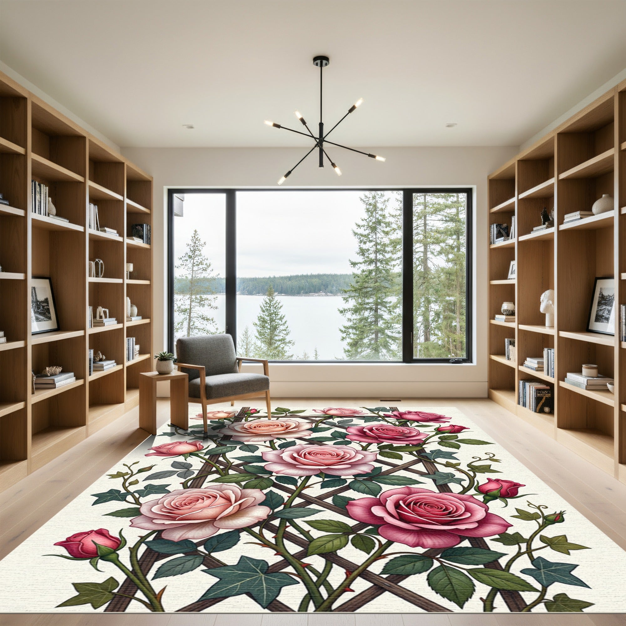 Romantic Pink Rose Floral Trellis Rug