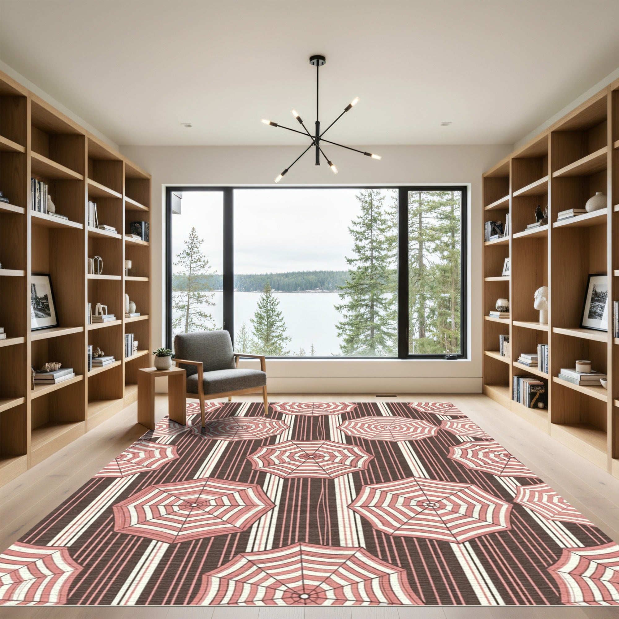 Pink Umbrellas with Cocoa Striped Background Rug