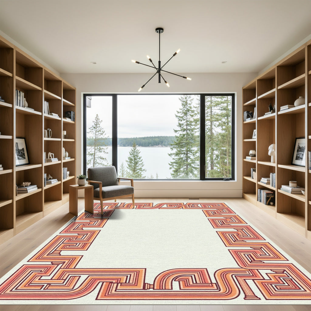 Classic Coral Geometric Maze border Rug