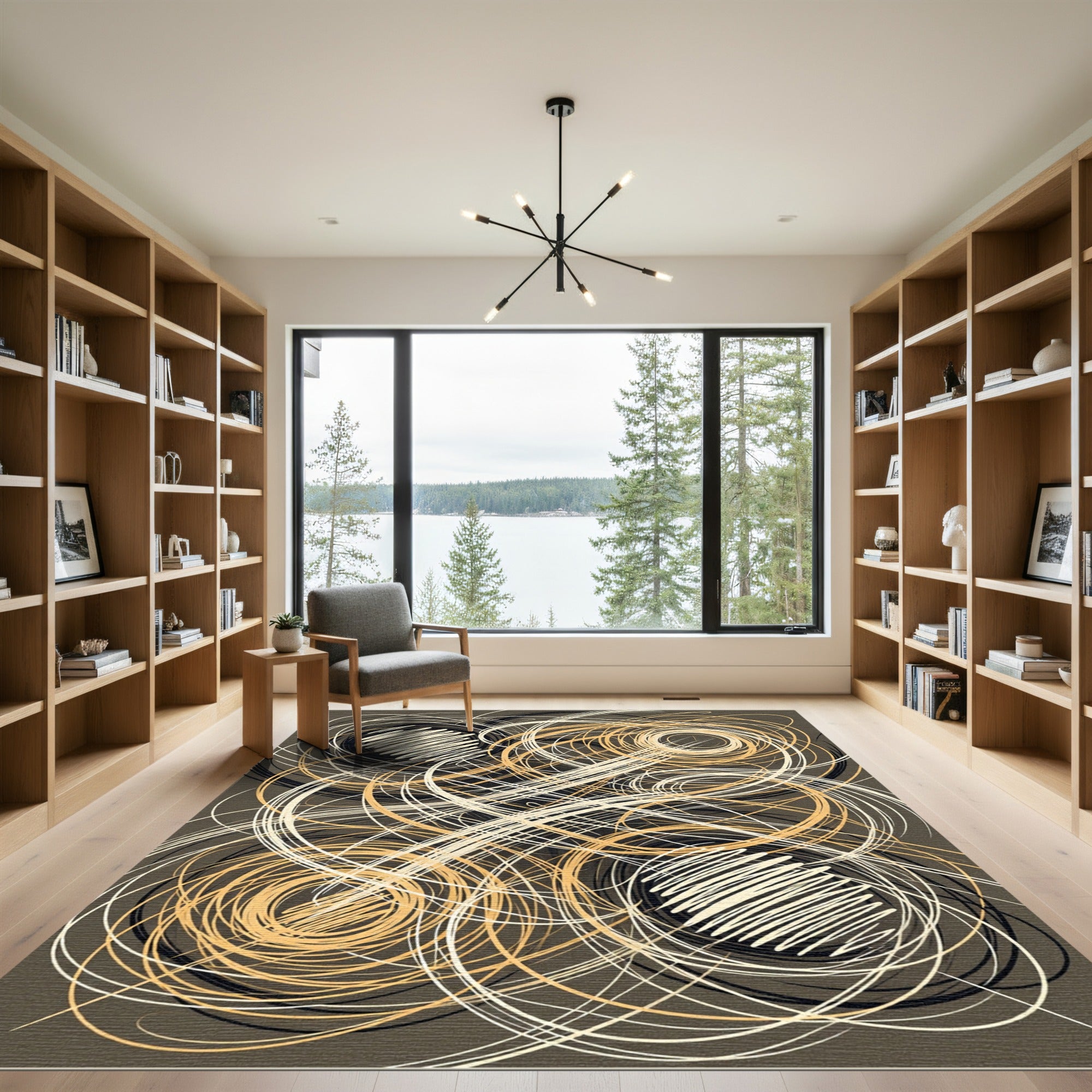 Abstract Swirls Cream Black Gold Rug