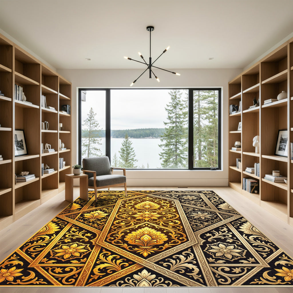 Ornate Golden Floral Damask Scroll Rug