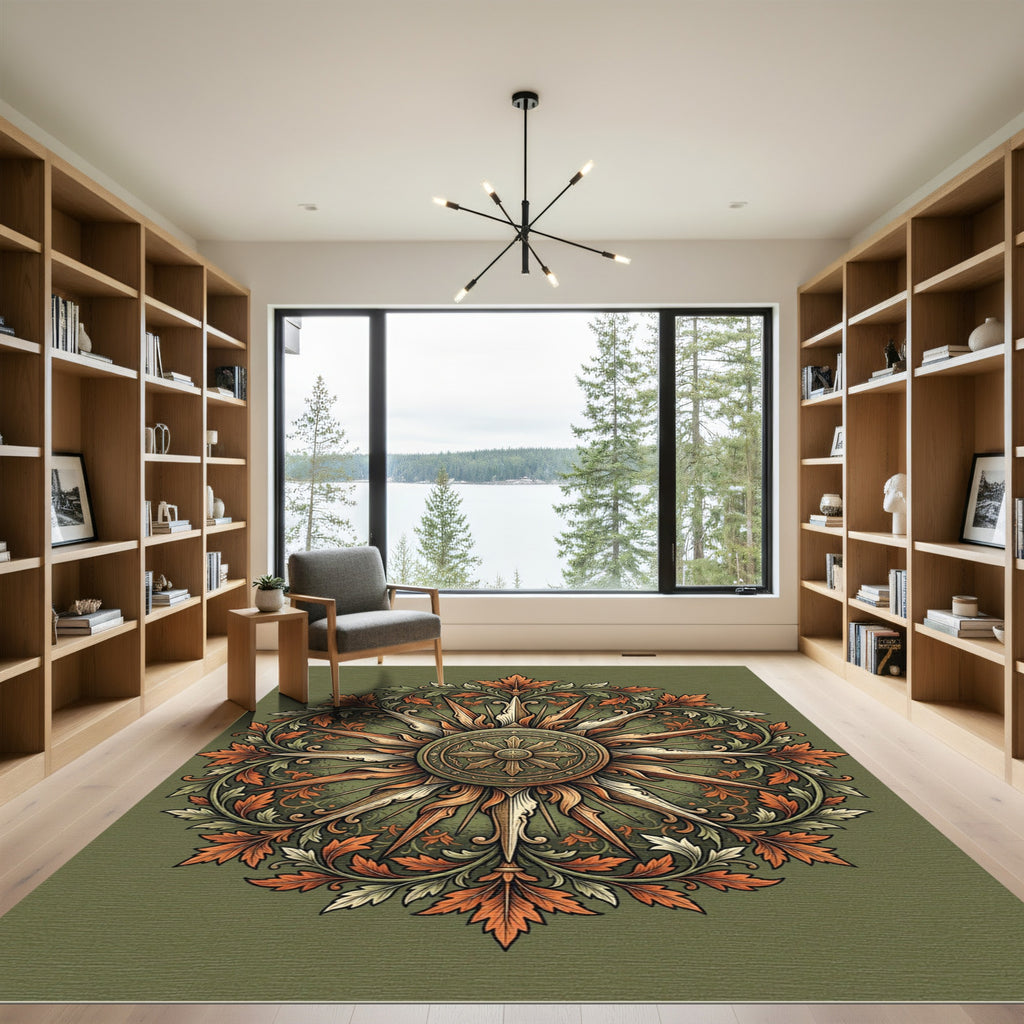 Ornate Sage Green Botanical Sunburst Rug
