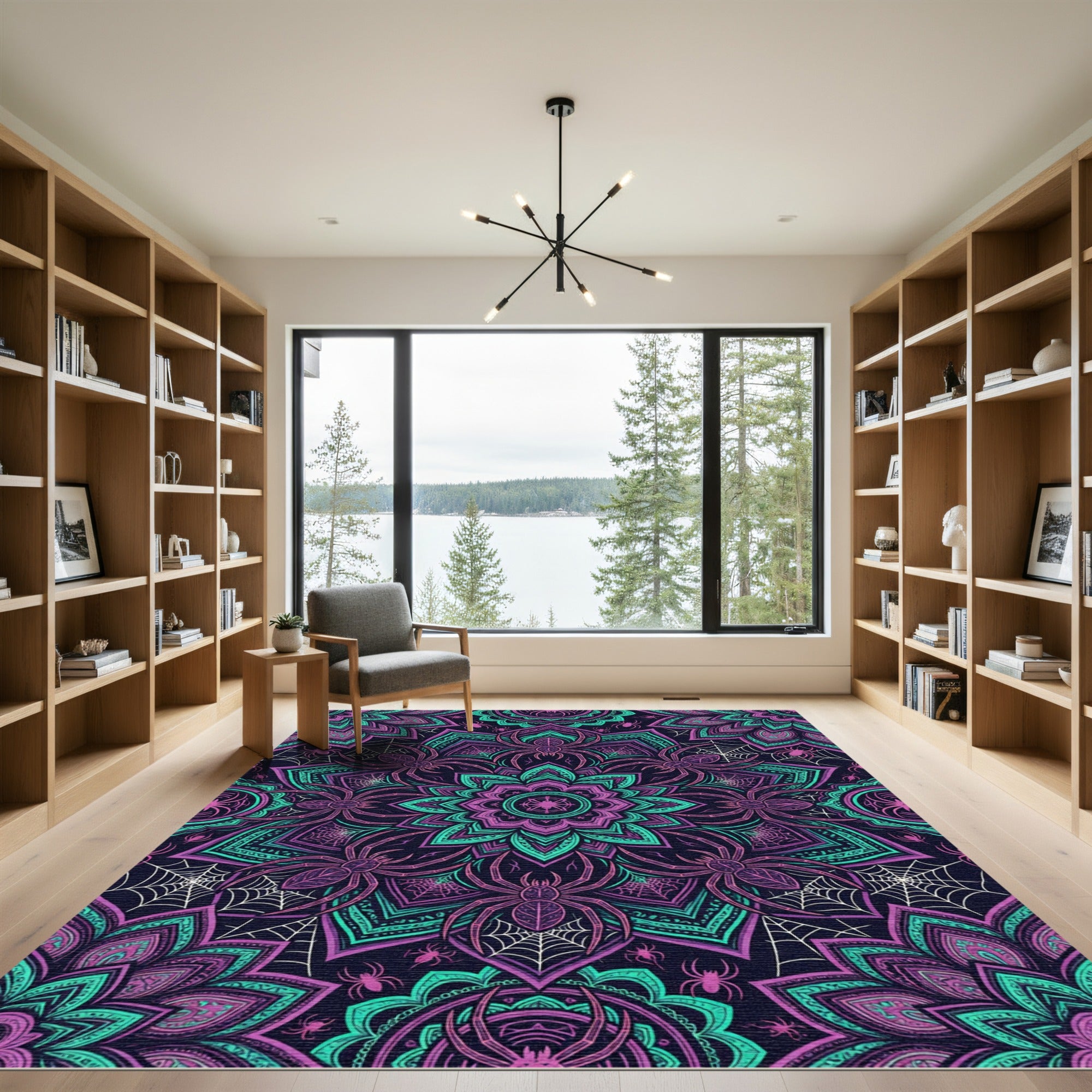 Gothic Neon Spider Web Mandala Rug