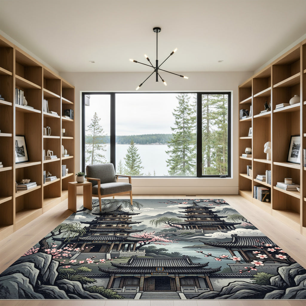 Serene Pagoda Landscape Cherry Blossom Rug