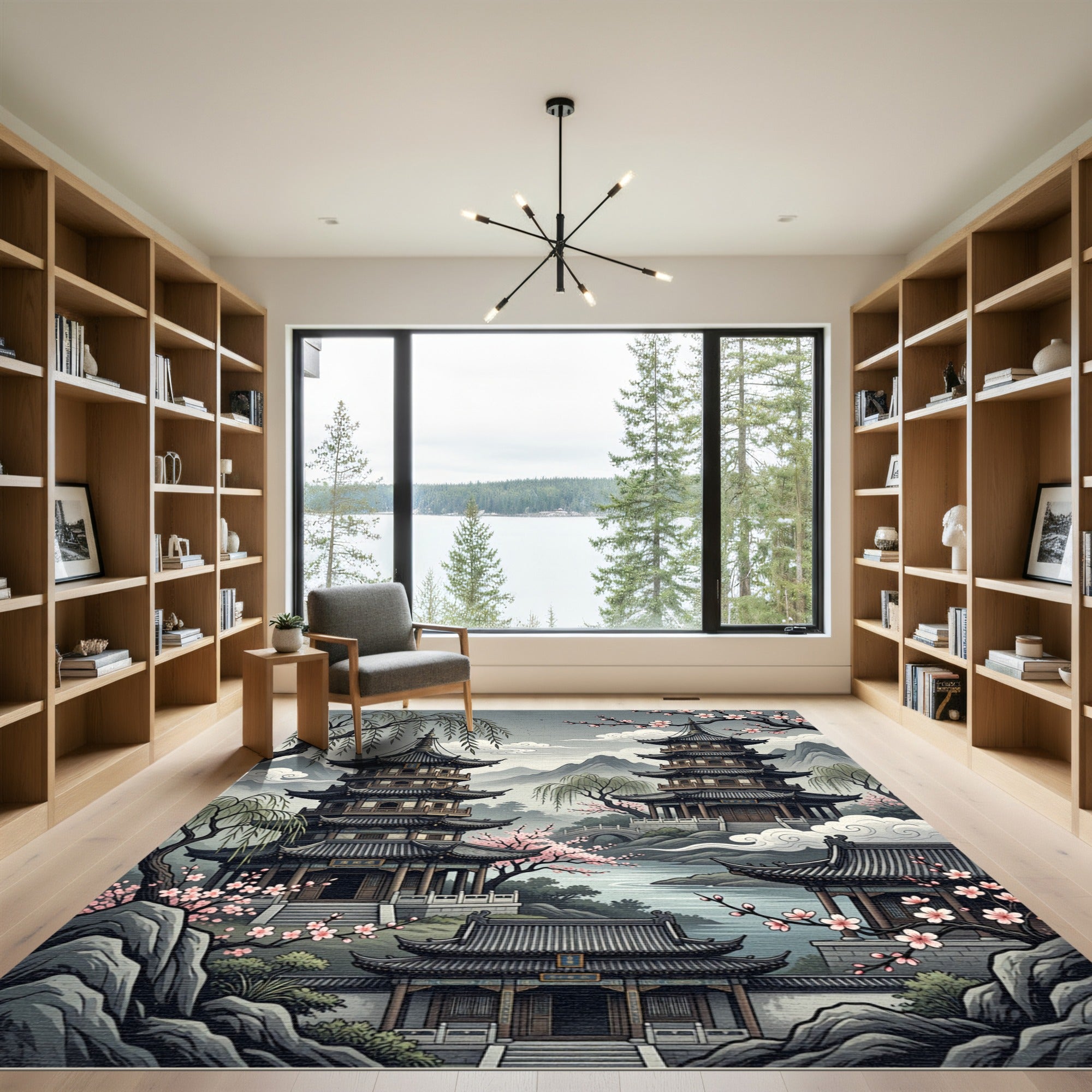 Serene Pagoda Landscape Cherry Blossom Rug