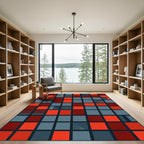 Bold Red Black White Square Grid Rug