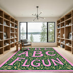 Pink Botanical Alphabet Green Rug