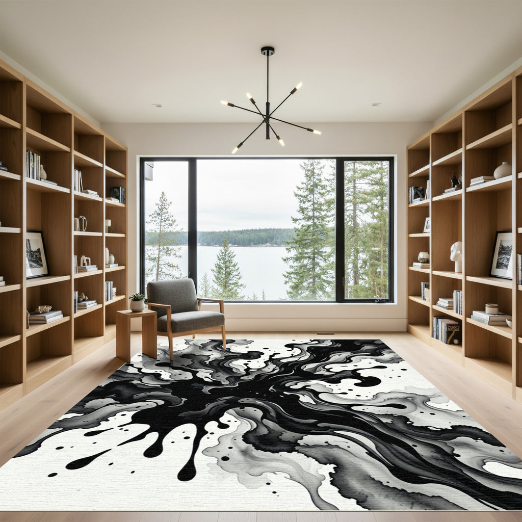 Monochrome Ink Splatter Swirl Rug