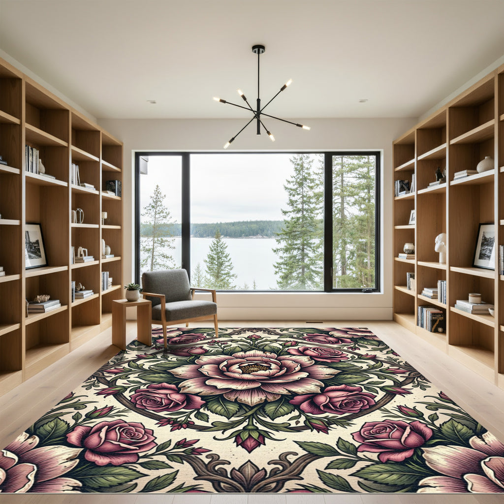 Romantic Blush Rose Medallion Floral Rug