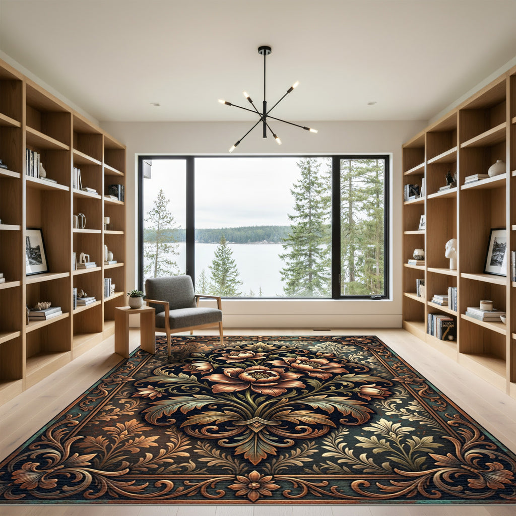 Ornate Copper Floral Damask Medallion Rug