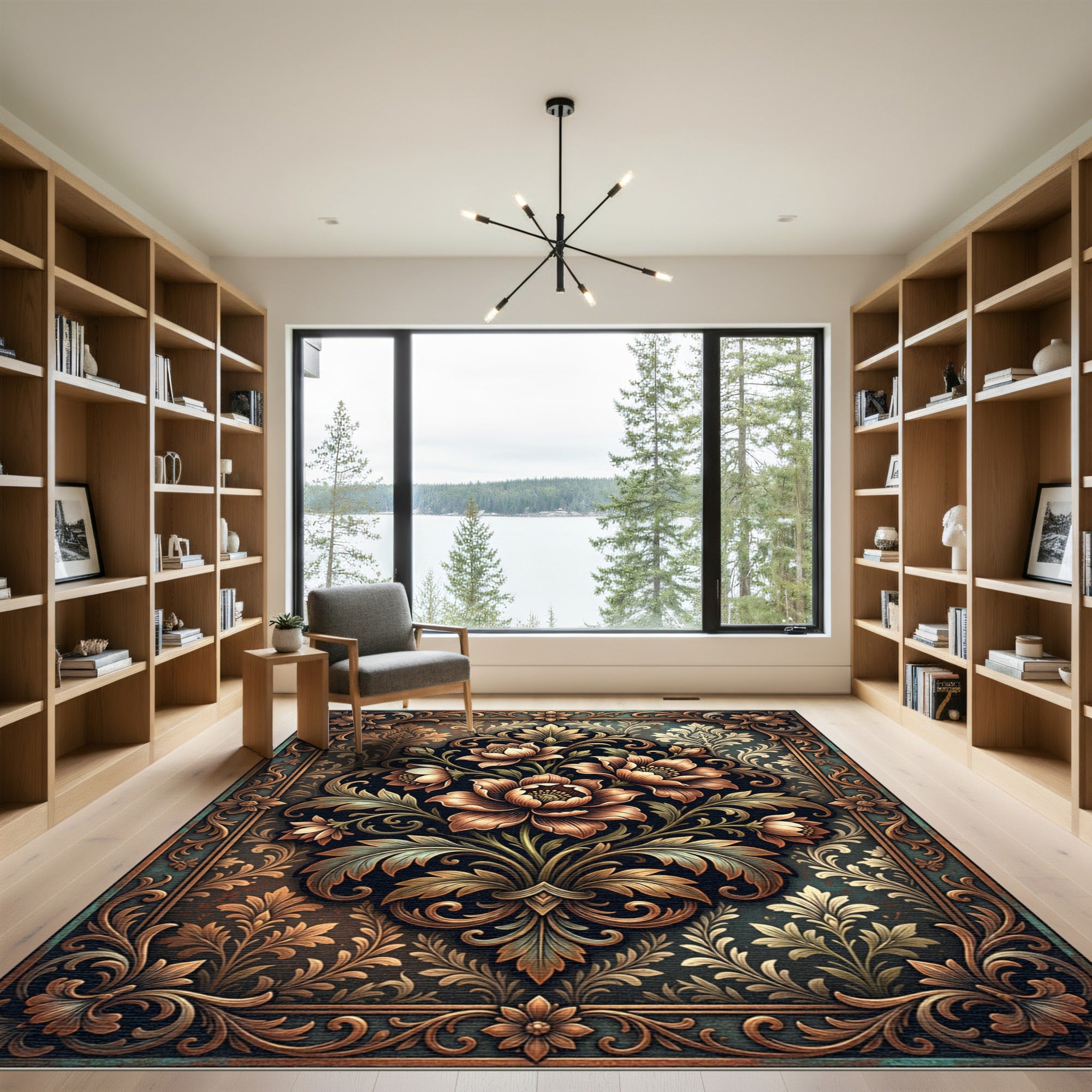Ornate Copper Floral Damask Medallion Rug