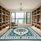 Teal Black Cream Medallion Border Rug