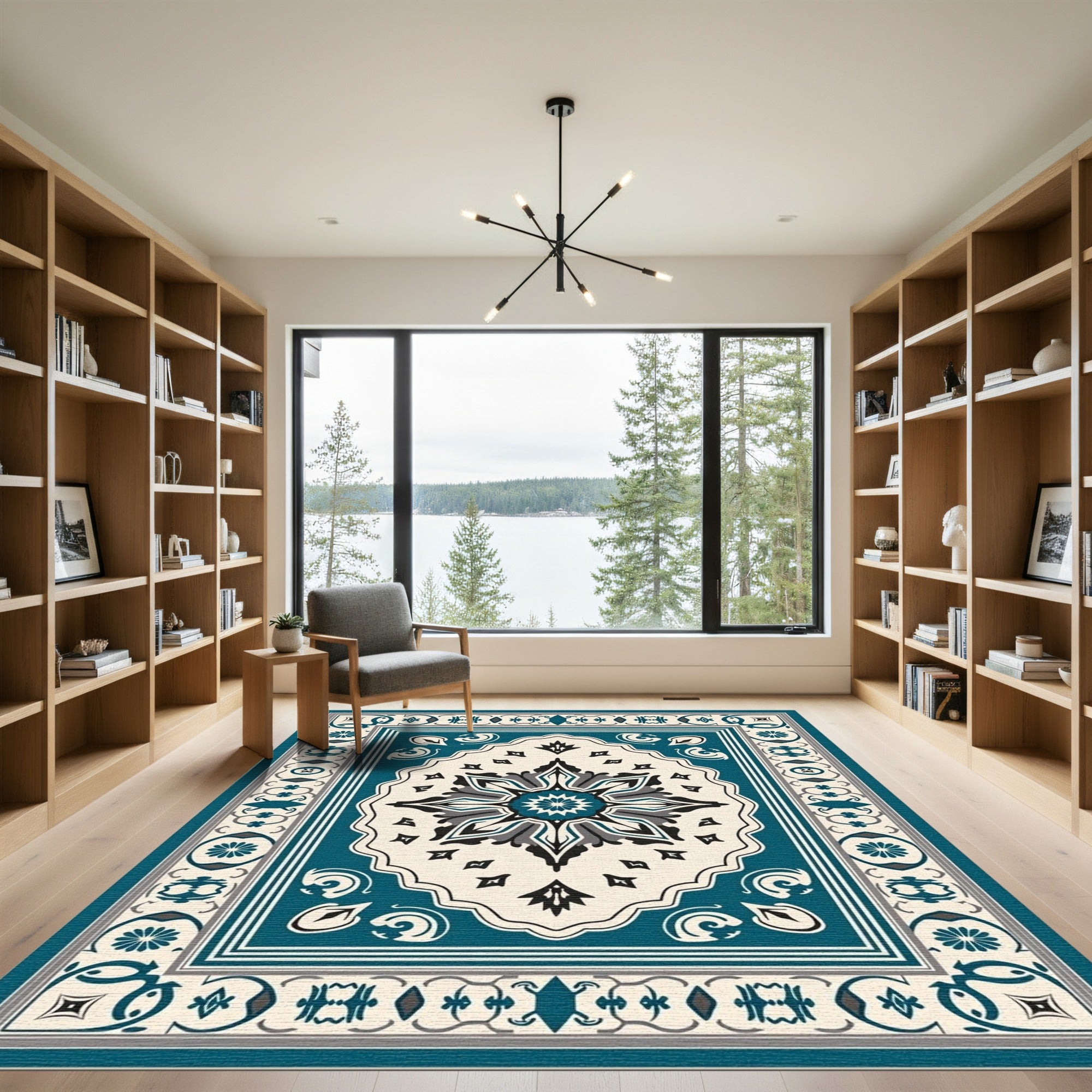 Teal Black Cream Medallion Border Rug