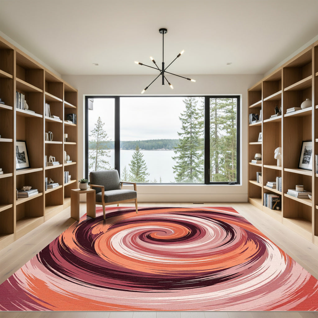 Crimson Swirl Abstract Brushstroke Rug