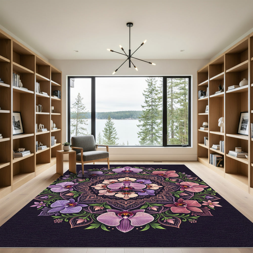 Orchid Floral Mandala on Dark Purple Rug