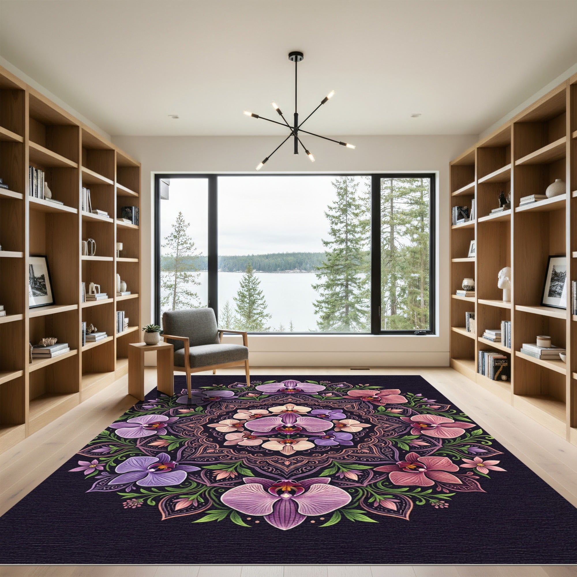 Orchid Floral Mandala on Dark Purple Rug