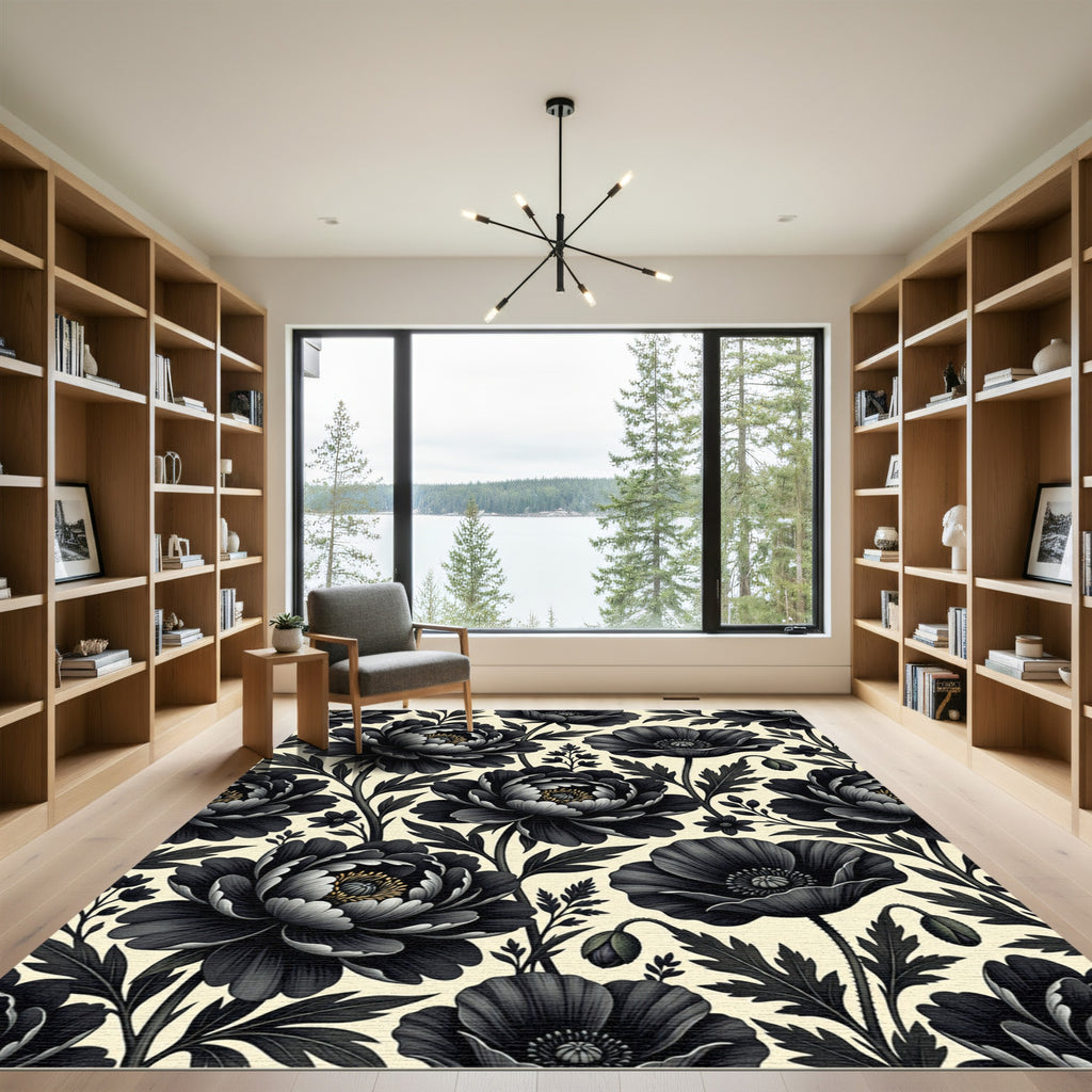 Dramatic Black Garden Floral Arrangement Rug