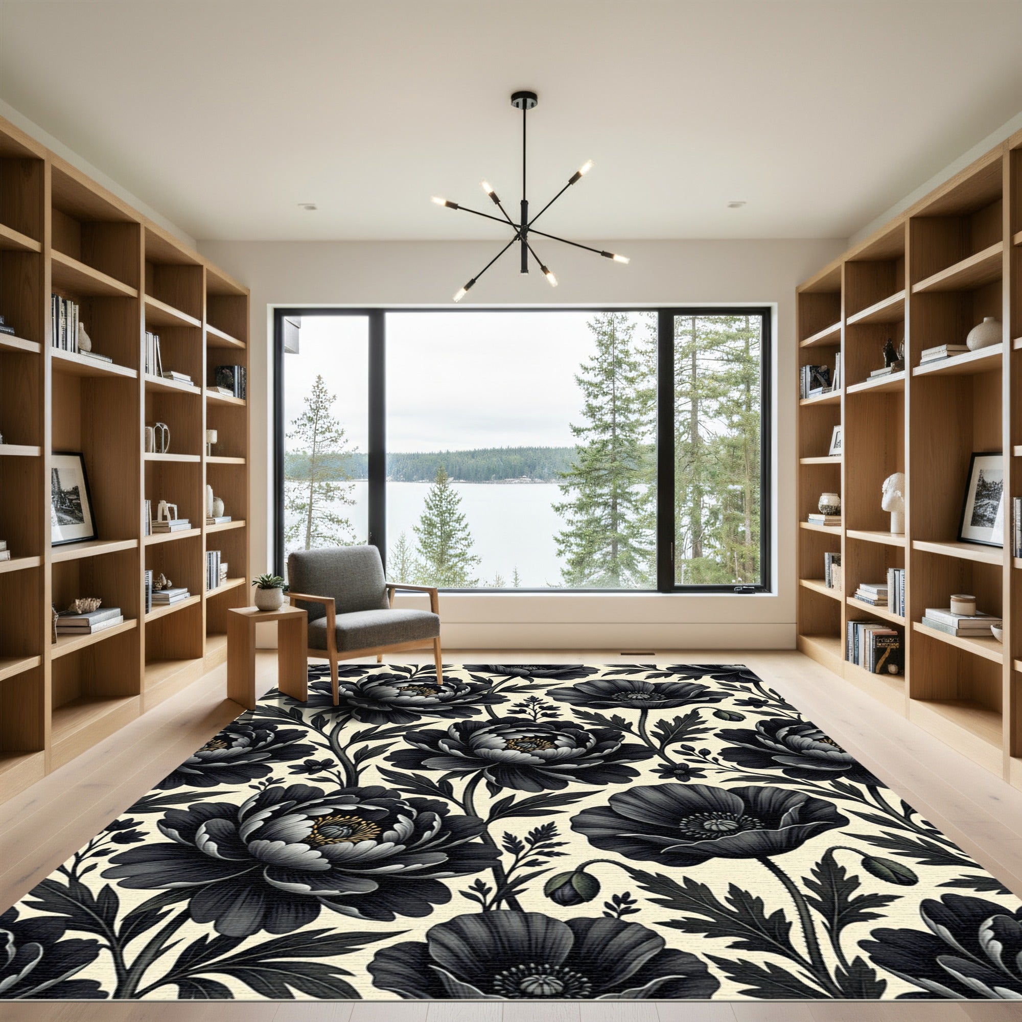Dramatic Black Garden Floral Arrangement Rug