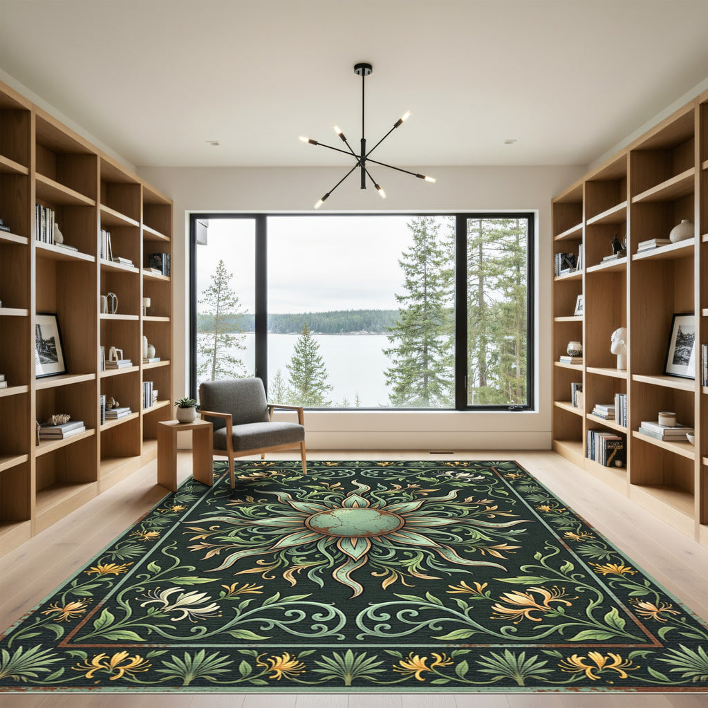 Sage Green Botanical Sunburst Floral Rug