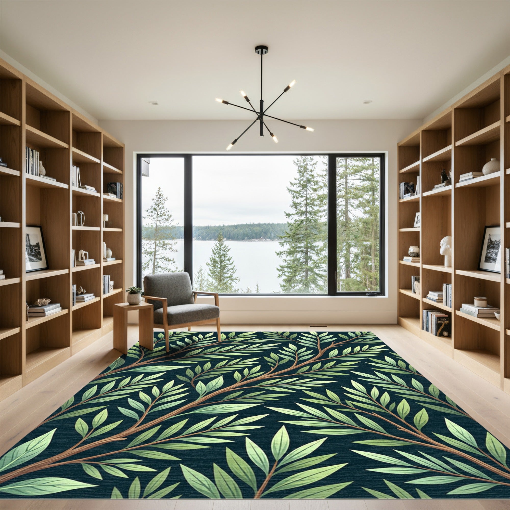 Lush Green Botanical Willow Branch Art Rug