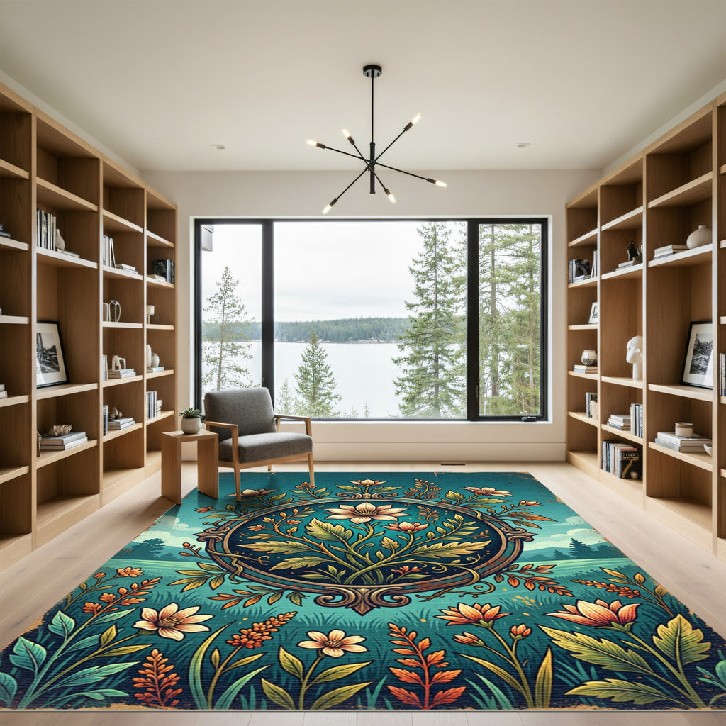 Vintage Floral Medallion Cyan Garden Rug