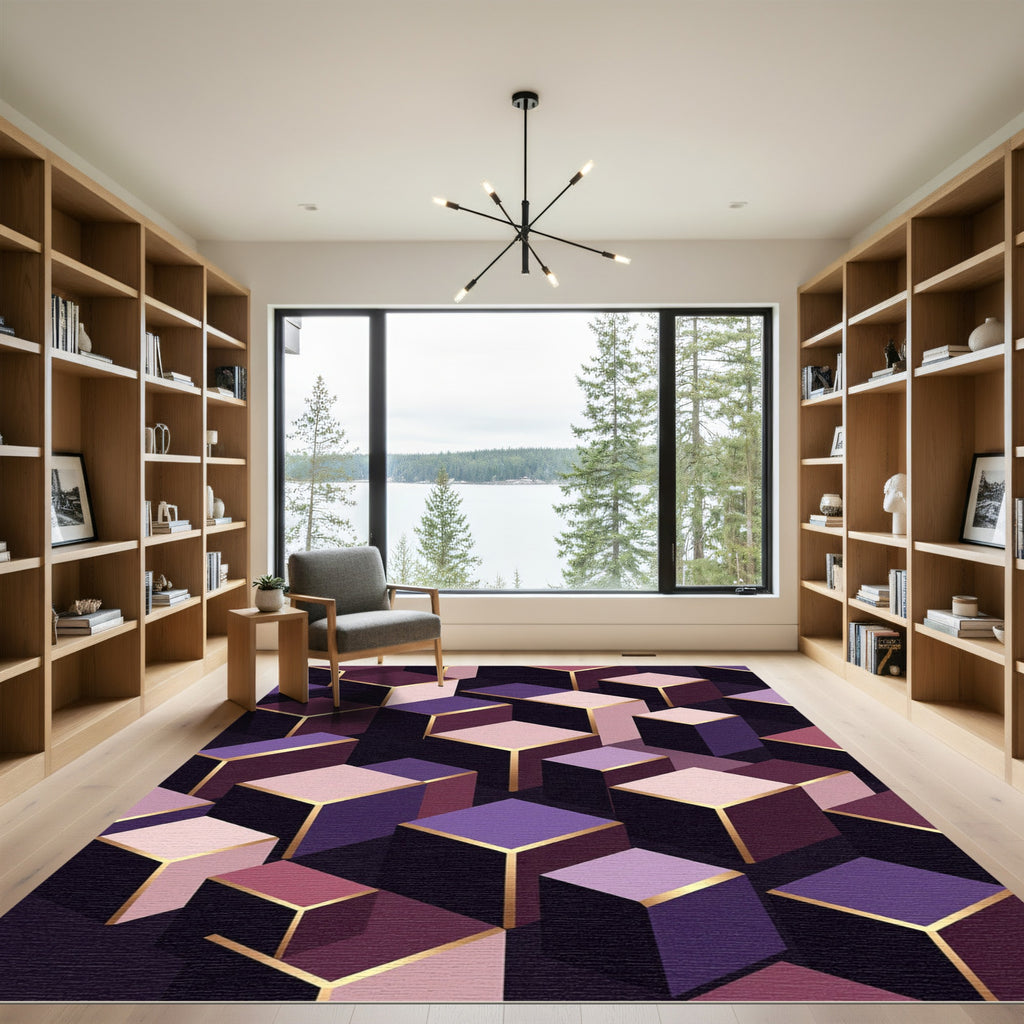 Geometric Isometric Purple and Gold Cube Rug