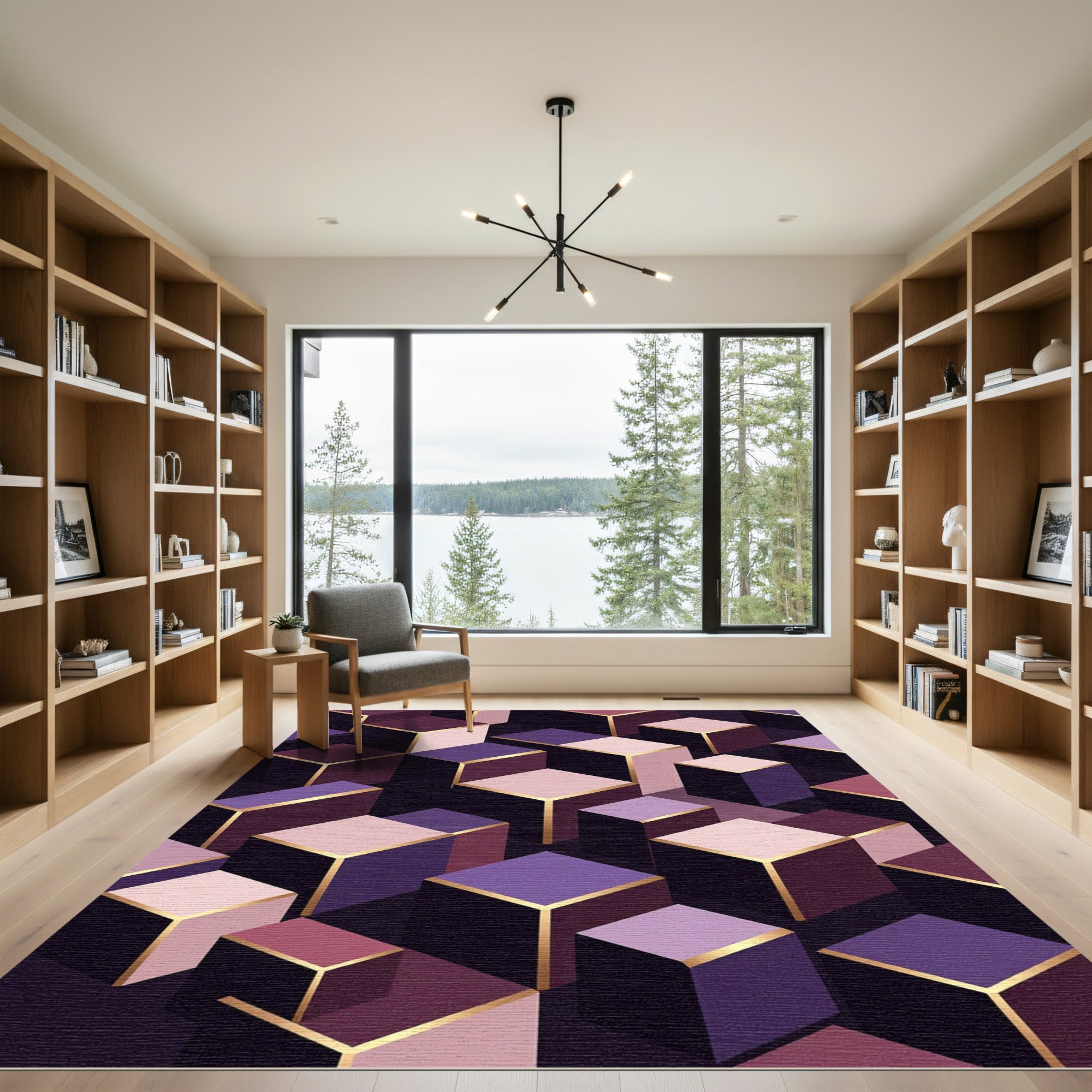 Geometric Isometric Purple and Gold Cube Rug