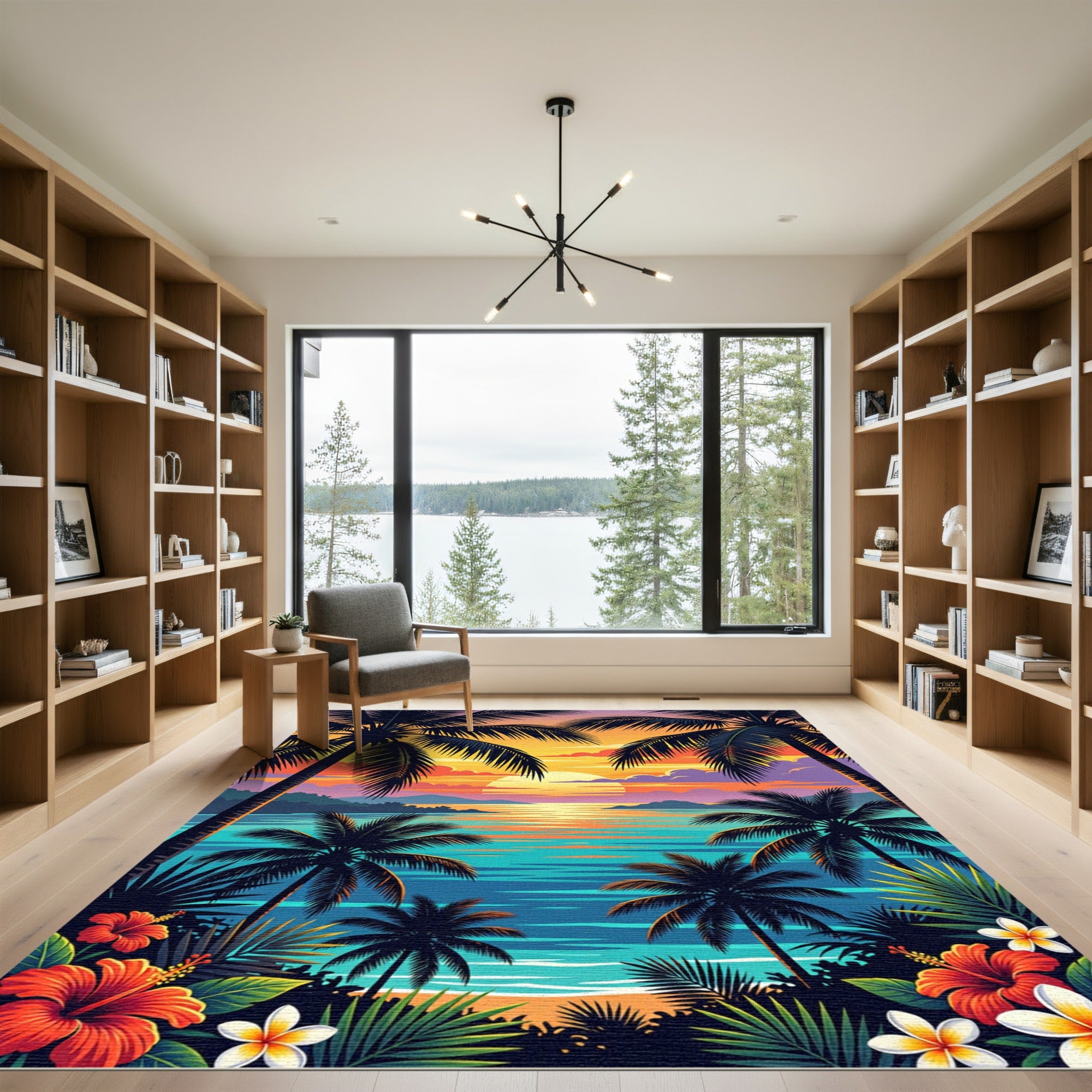 Tropical Sunset Palm Tree Beach Landscape Rug