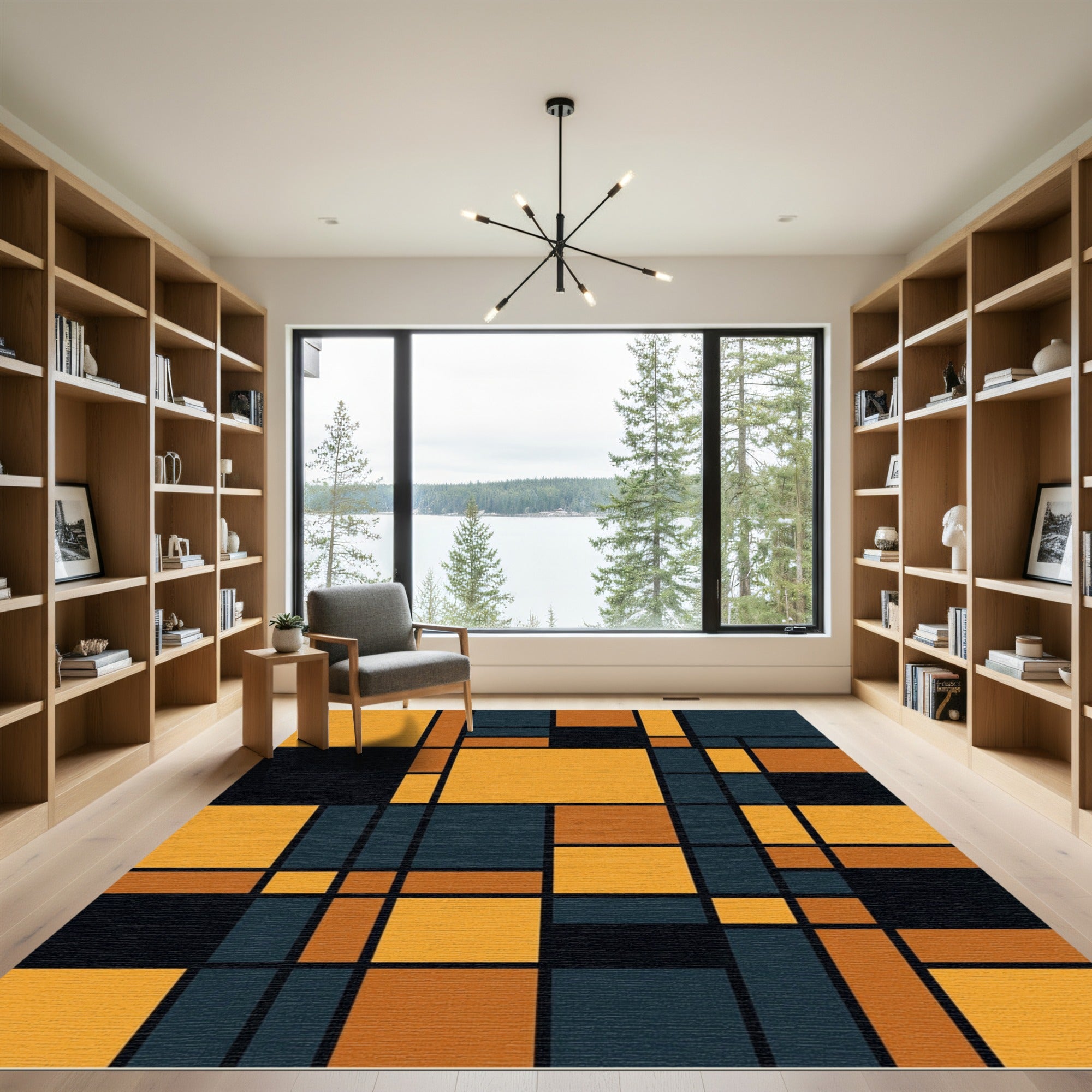 Modern Geometric Grid in Black and Amber Rug