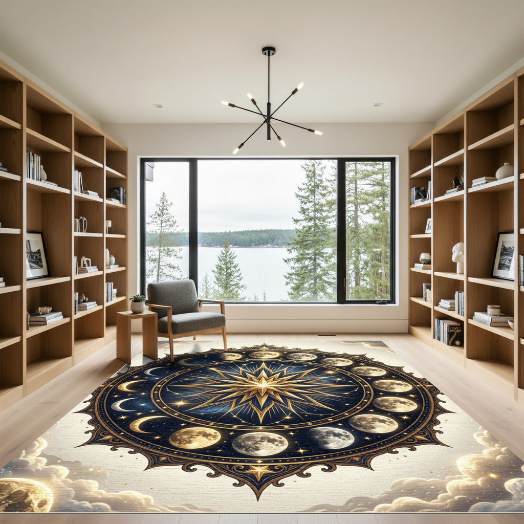 Golden Celestial Lunar Phase Medallion Rug
