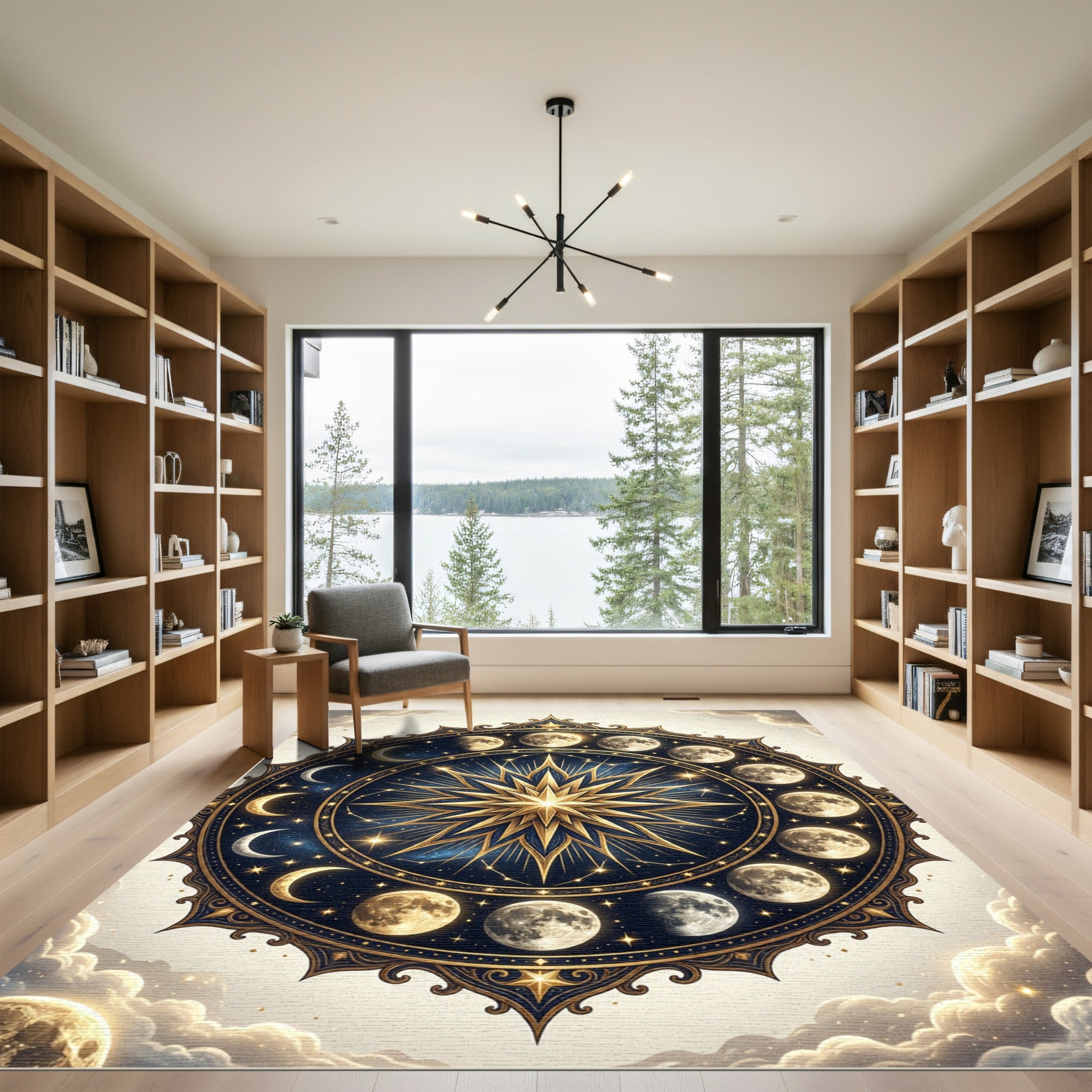 Golden Celestial Lunar Phase Medallion Rug