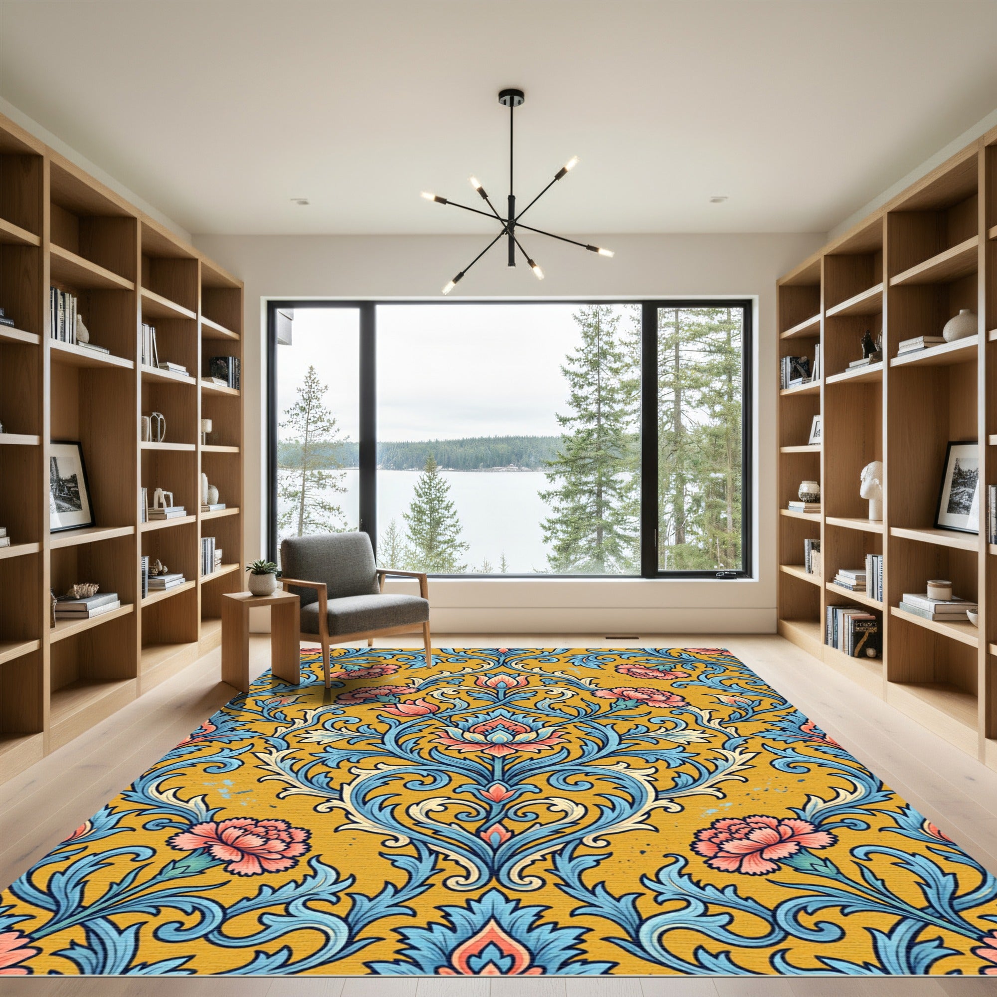 Golden Ochre Carnation Damask Floral Scroll Rug