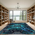 Glowing Cyber Circuit Blue Tech Grid Rug