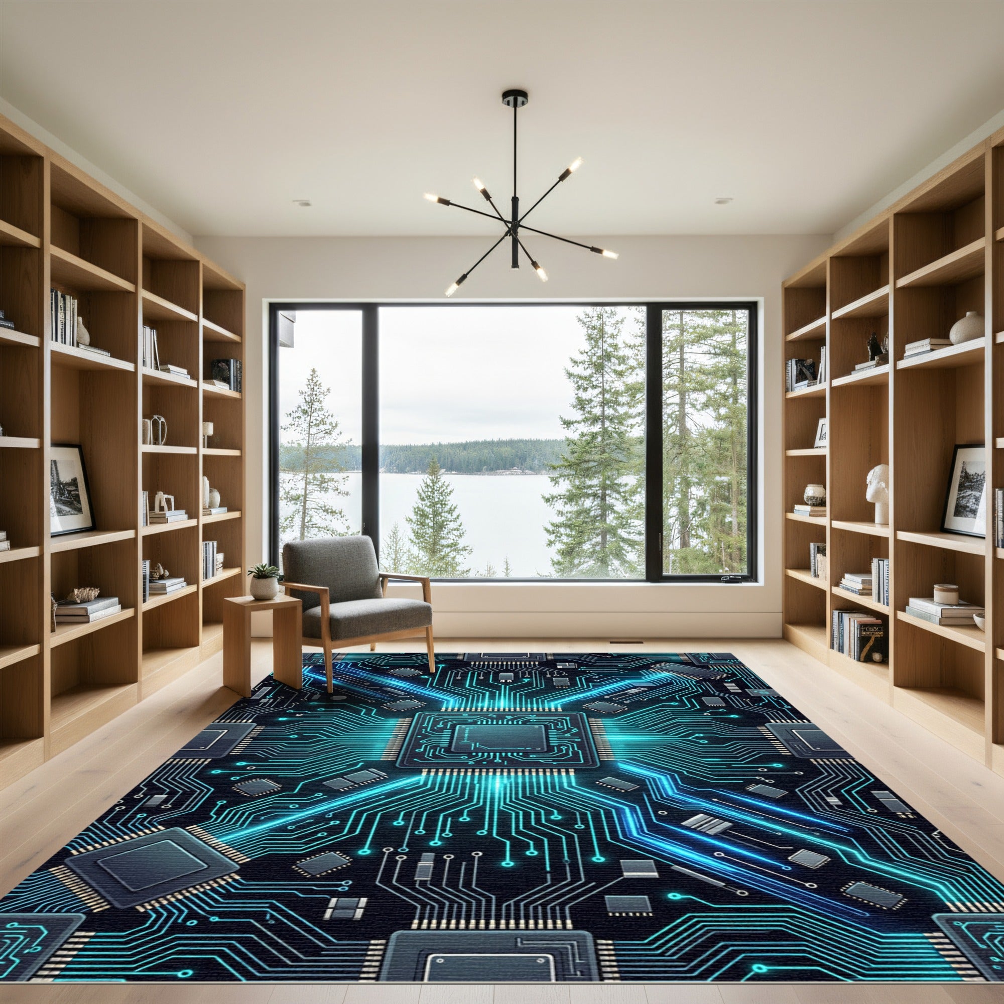 Glowing Cyber Circuit Blue Tech Grid Rug