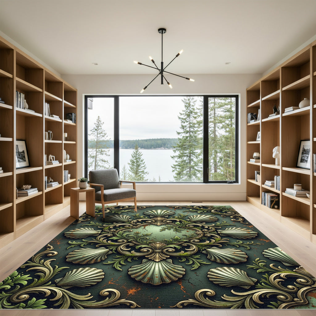 Ornate Sage Green Shell Scrollwork Rug