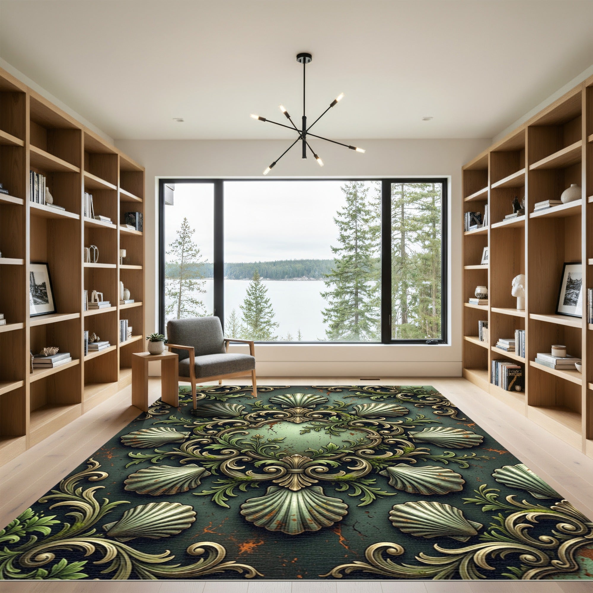 Ornate Sage Green Shell Scrollwork Rug