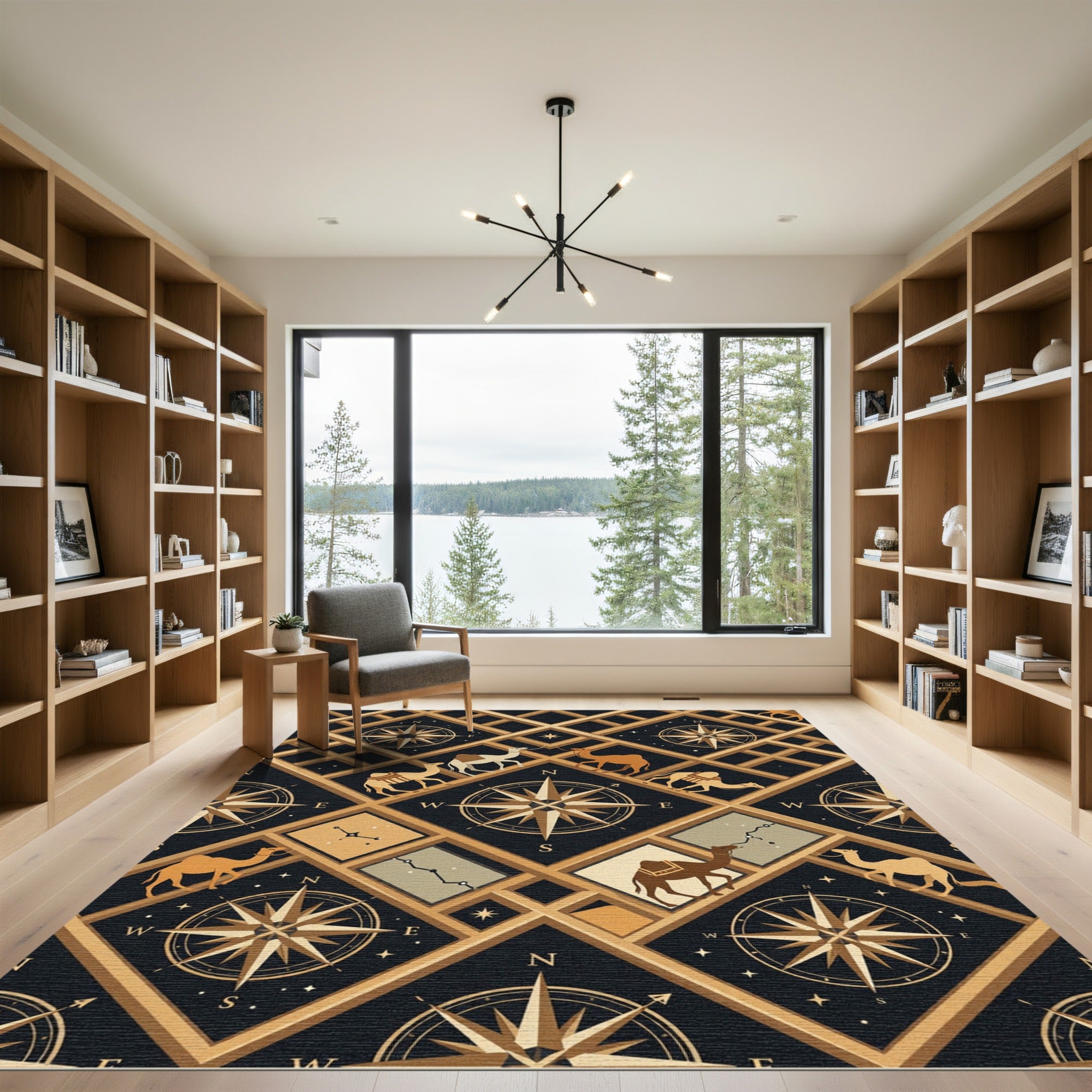 Golden Camel Compass Star Grid Rug