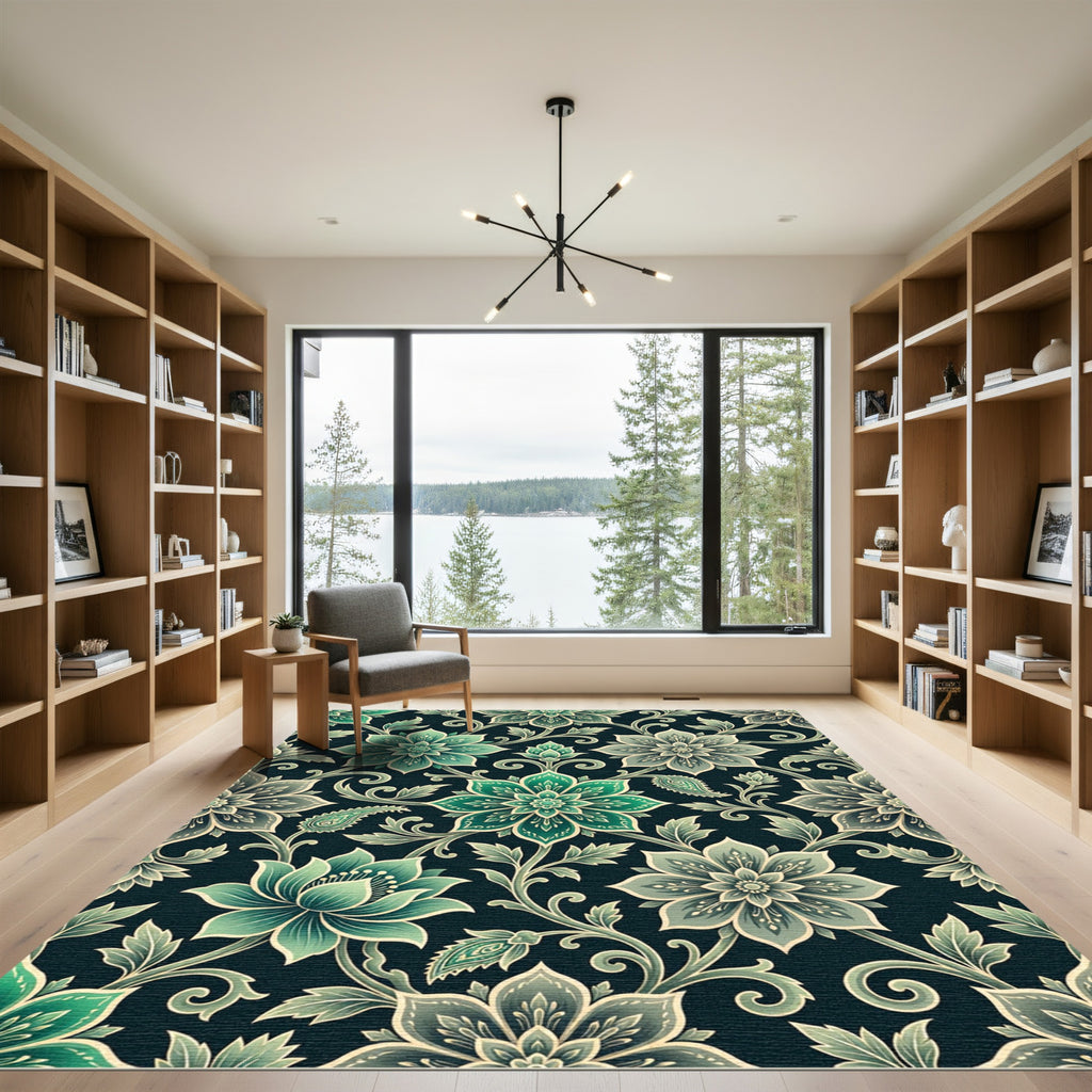 Elegant Emerald Floral Scroll Damask Rug