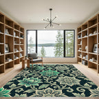 Elegant Emerald Floral Scroll Damask Rug