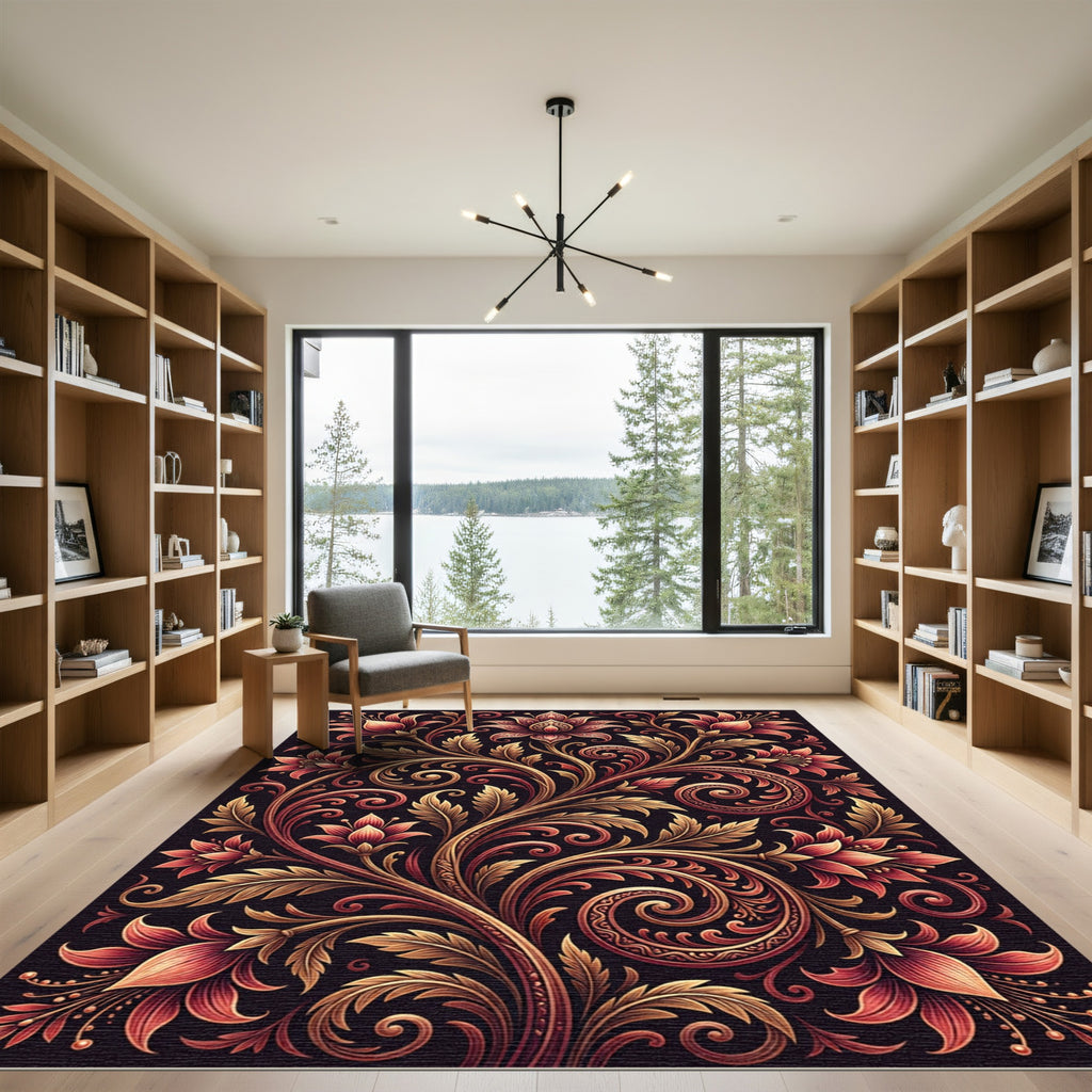 Elegant Crimson Floral Gold Swirl Rug
