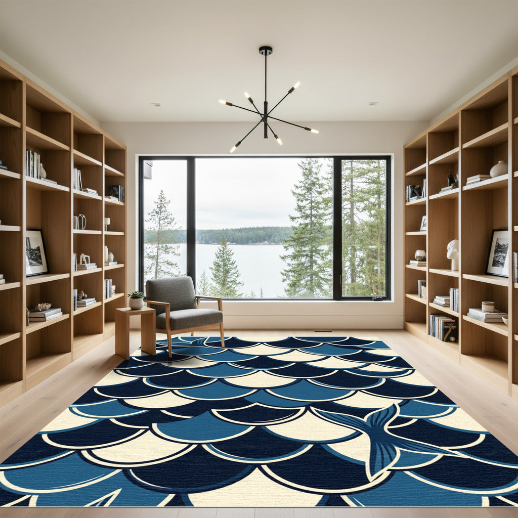 Navy Blue Scalloped Mermaid Scale Rug