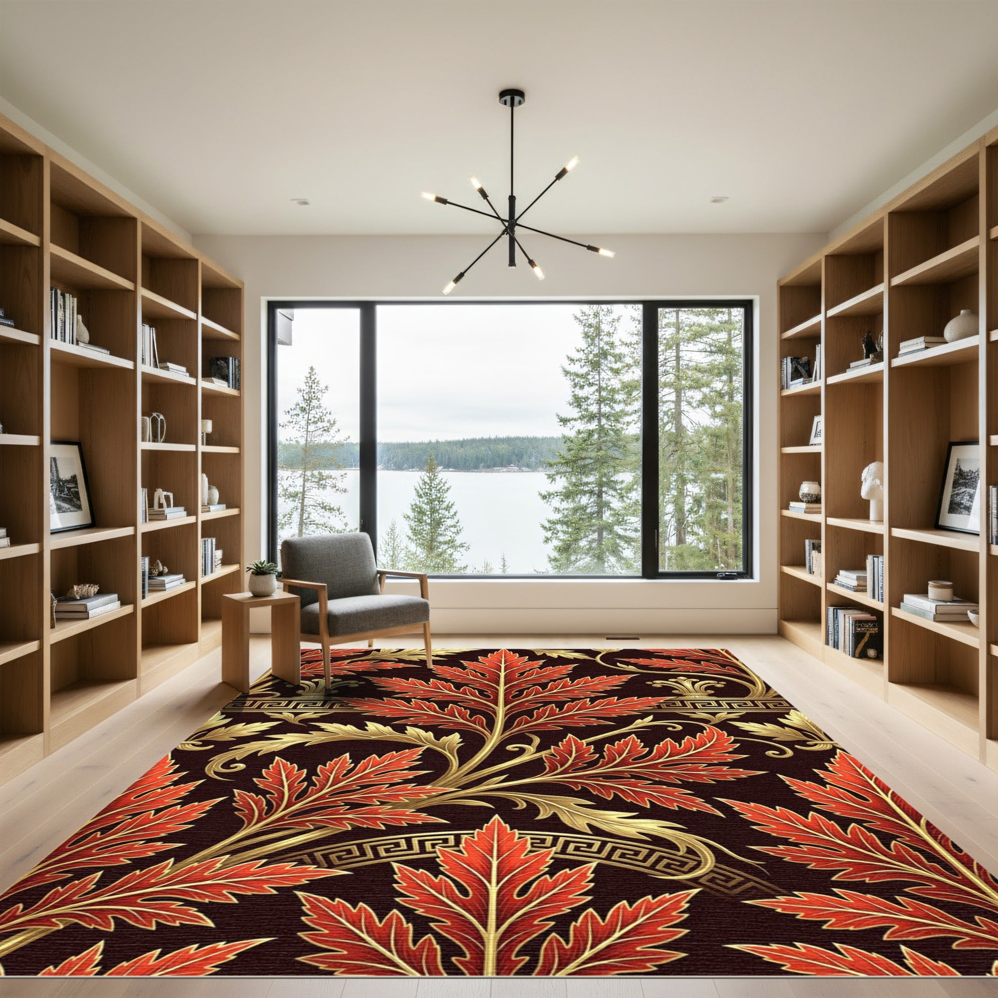 Golden Acanthus Leaves Crimson Scroll Rug