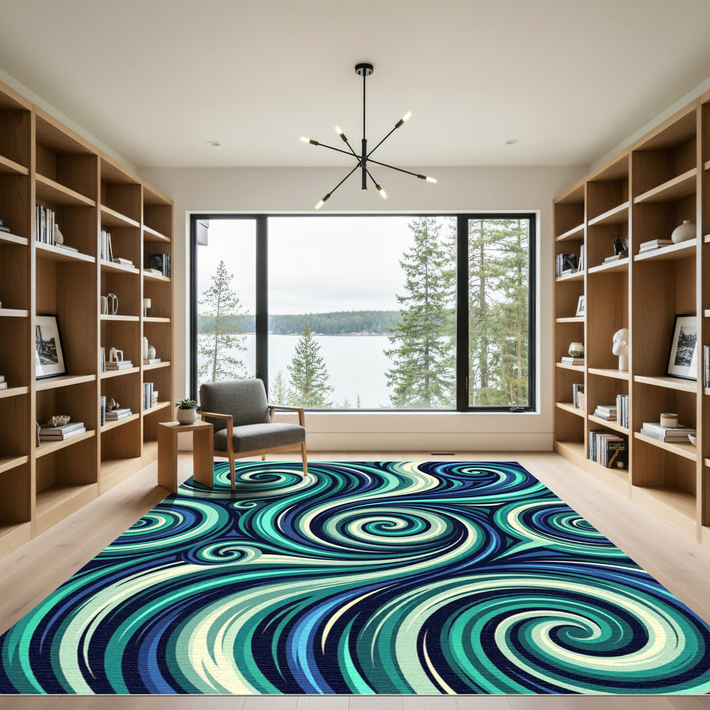 Oceanic Teal Swirl Abstract Fluid Rug