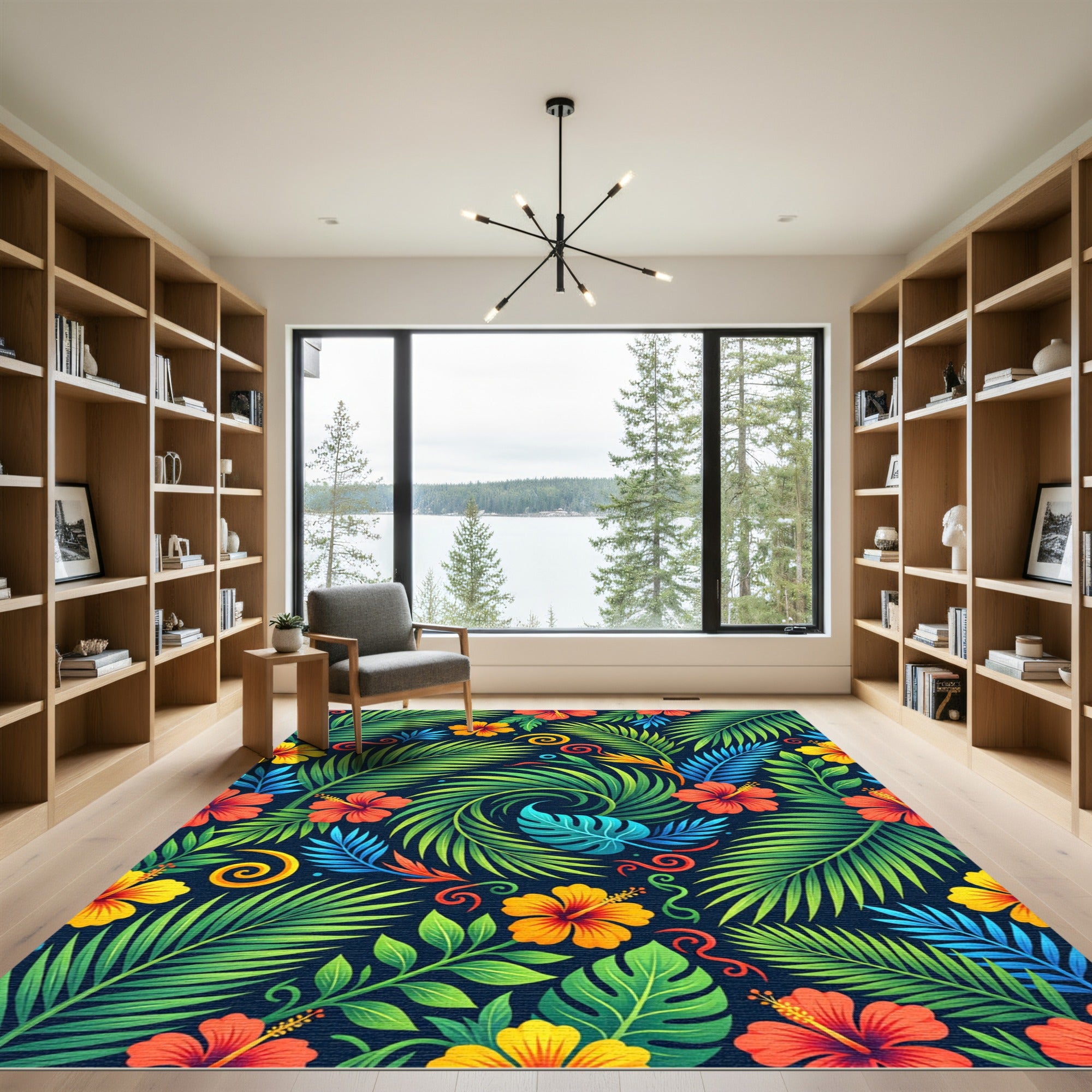 Vibrant Tropical Hibiscus Leaf Swirl Rug